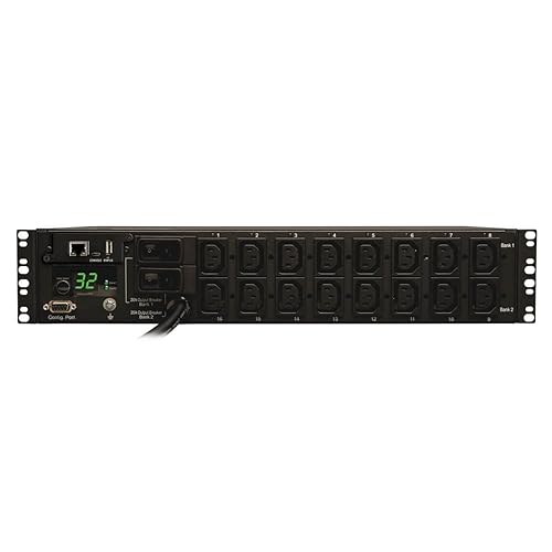 Tripp Lite Switched PDU, 7.4kW Single Phase, 230V, 16 Outlets (C13), IEC-309 32A Blue, 12ft. Cord, 2U Rack-Mount Power, TAA (PDUMH32HVNET) , Black 16 Outlets 32 Amps / 240 Volts