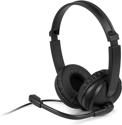 Aluratek Wired USB Stereo Headset with Noise Cancelling Boom Mic and in-Line Controls, for Distance Learning, Zoom, MS Teams, Video Conferencing, Skype, Gaming, Music Play, Webinars (AWHU02FB), Black, Standard
