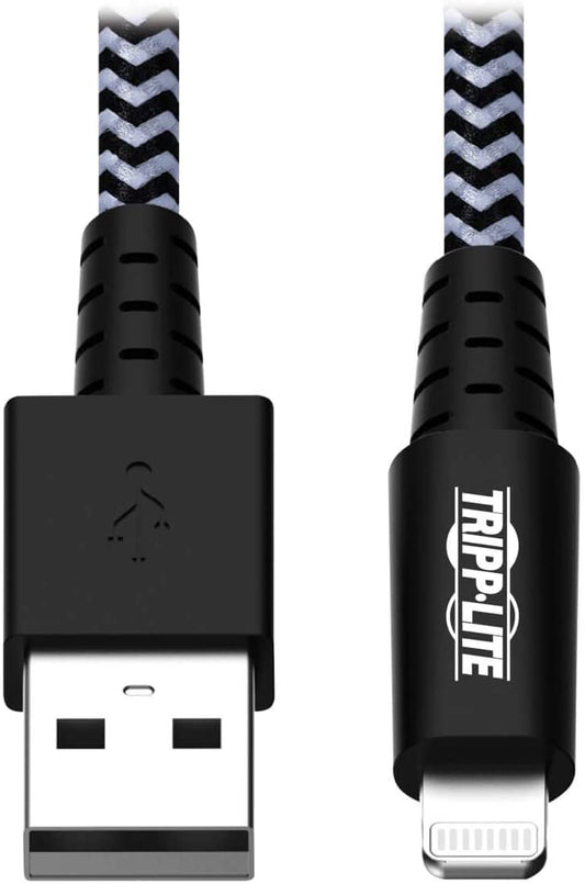 Tripp Lite Heavy Duty USB to Lightning Charging &amp; Data Cable, Heavy Duty with Braided Jacket, MFi Certified for Apple iPhone, iPad &amp; iPod - 6 Feet / 1.8 Meters, 2-Year Warranty (M100-006-HD) Black/White 6 ft. (Heavy Duty)