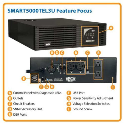Tripp Lite SMART5000TEL3U 5000VA 3750W UPS Smart Rackmount AVR 208V 5kVA USB DB9 3URM, 5 Outlets