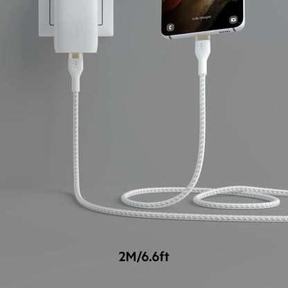 Belkin USB-PD GaN Charger 68W, White &amp; BoostCharge Pro Flex Braided USB Type C to C Cable (2M/6.6FT), USB-IF Certified Power Delivery PD Fast Charging Cable White Standalone Charger + Cable White