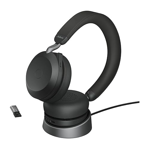 Jabra Evolve2 75 Wireless PC Headset with Charging Dock and 8-Mic Technology - Dual Foam Stereo Headphones with Advanced Active Noise Cancellation, USB-A Bluetooth Adapter and UC Compatibility - Black Headset + Charging Stand (USB-A) UC Compatible
