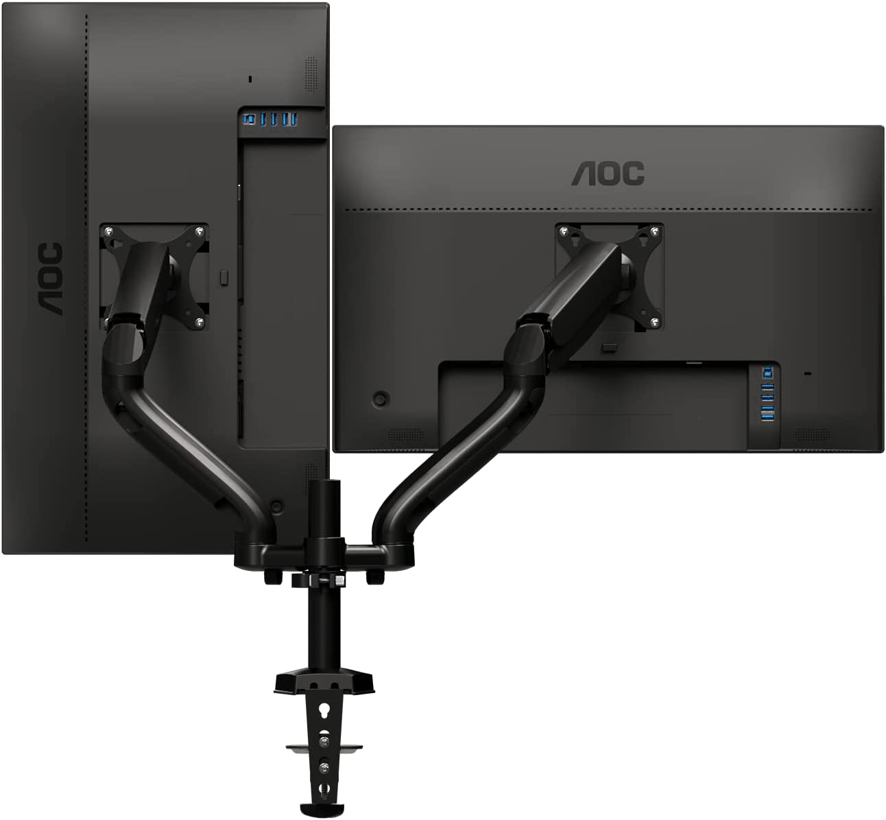 AOC AD110D0 - Dual Computer Monitor Arm Mount, Gas Struts Supporting up to 19.4 lbs and up to 27" on Each arm. Grommet and C-clamp mounts Included. Easy Swivel, tilt, Rotate for Ergonomic Setup.