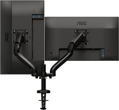 AOC AD110D0 - Dual Computer Monitor Arm Mount, Gas Struts Supporting up to 19.4 lbs and up to 27" on Each arm. Grommet and C-clamp mounts Included. Easy Swivel, tilt, Rotate for Ergonomic Setup.
