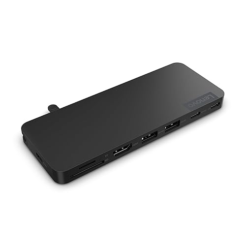 Lenovo USB-C Slim Travel Dock, 8 Ports, Up to 65W PD Pass Through, Integrated USB-C Cable, 4K Display Support, Black