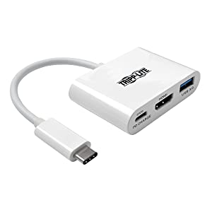 Tripp Lite USB C to HDMI Multiport Video Adapter Converter 1080p w/ USB-A Hub &amp; USB-C PD Charging, Thunderbolt 3 Compatible, USB Type C, USB-C, USB Type-C (U444-06N-HU-C) , White HDMI, Charging Port + Hub