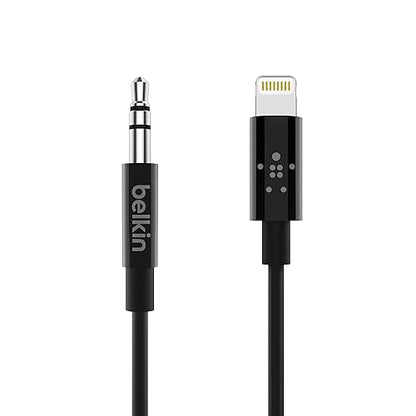 Belkin 3.5 mm Audio Cable With Lightning Connector - 3 ft Lightning/Mini-phone Audio/Data Transfer Cable for Audio Device, Speaker, iPhone, iPad - First End: 1 x Lightning - Male - Second End: 1 x Mini-phone Stereo Audio - Male - MFI - Black