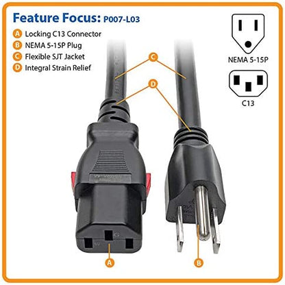 Tripp Lite Computer Power Cord (NEMA 5-15P to C13 Power Cord), Heavy Duty, Locking C13 Connector, 15A, 125V, 14AWG, 3 ft. (P007-L03)