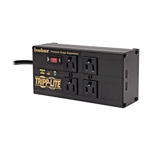 Tripp Lite Isobar 4 Outlet Surge Protector Power Strip with 2 USB Charging Ports, 8ft Long Cord, Right-Angle Plug, Metal, 3330 Joules, Lifetime Limited Warranty &amp; $50K Insurance (IBAR4ULTRAUSBB),Black 1 Count (Pack of 1) 8 ft Cord, USB Power Strip