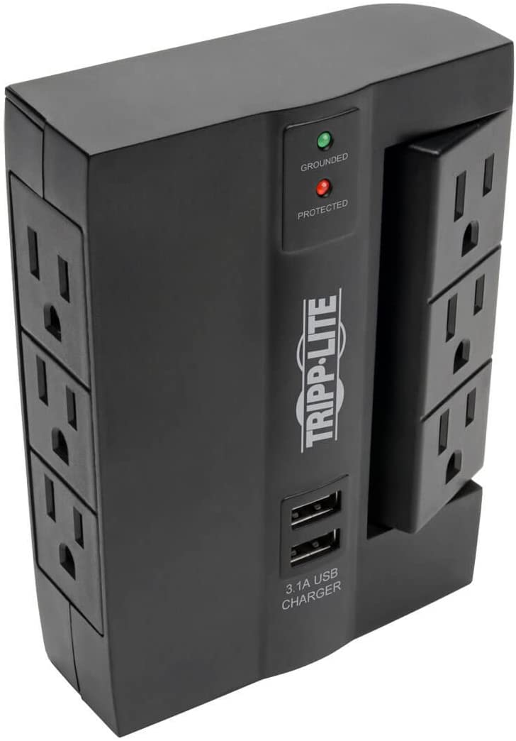 TRIPP LITE 6 Outlet Surge Protector Power Strip, 3 Rotatable Outlets, Wall Tap/Direct Plug in, 1080 Joules, 2 USB Charging Ports, Limited Warranty &amp; $20, 000 Insurance (SWIVEL6USB)