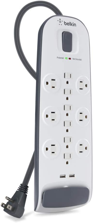 Belkin USB Power Strip Surge Protector - 12 AC Multiple Outlets &amp; 2 USB Ports - 6 ft Long Flat Plug Extension Cord for Home, Office, Travel, Computer Desktop &amp; Charging Brick - White (3,996 Joules) 1 Pack Power Strip