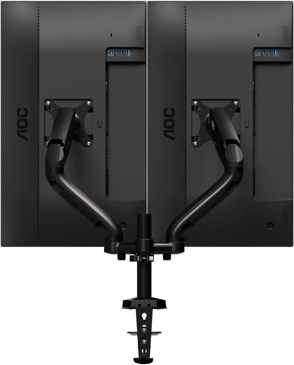 AOC AD110D0 - Dual Computer Monitor Arm Mount, Gas Struts Supporting up to 19.4 lbs and up to 27" on Each arm. Grommet and C-clamp mounts Included. Easy Swivel, tilt, Rotate for Ergonomic Setup.