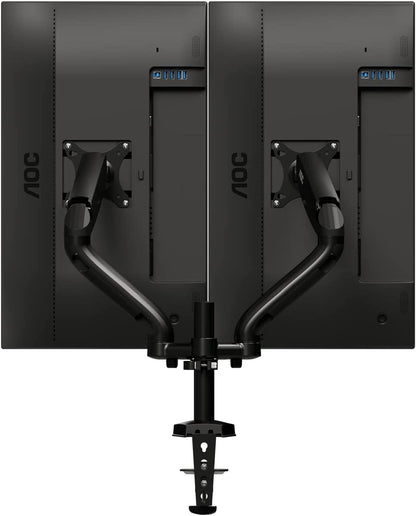 AOC AD110D0 - Dual Computer Monitor Arm Mount, Gas Struts Supporting up to 19.4 lbs and up to 27" on Each arm. Grommet and C-clamp mounts Included. Easy Swivel, tilt, Rotate for Ergonomic Setup.