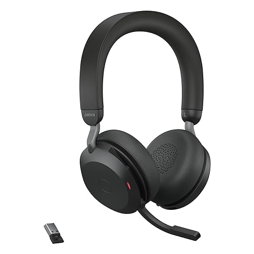 Jabra Evolve2 75 Wireless PC Headset with Charging Dock and 8-Mic Technology - Dual Foam Stereo Headphones with Advanced Active Noise Cancellation, USB-A Bluetooth Adapter and UC Compatibility - Black Headset + Charging Stand (USB-A) UC Compatible