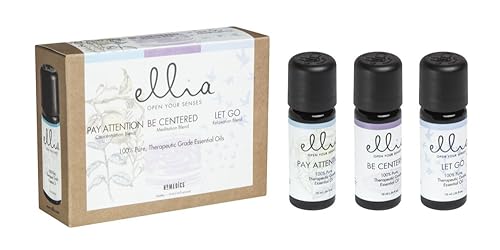 Ellia Essential Oil Set, Calm and Concentration, Including Signature Blends of Pay Attention, Be Centered, and Let Go. 3 Pack Essential Oil Kit, 10ml Each, by Homedics Pay Attention | Be Centered | Let Go