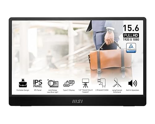 MSI Pro MP161 E2 Portable Monitor, 15.6 FHD IPS 1080p, USB Type-C, Mini-HDMI, Built-in Speakers, Perfect for PC, Mac, PS5, PS4, Xbox, Mobile, Metal Gray