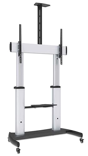 Manhattan Heavy Duty Rolling TV Stand for 60–100 Inch Flat Screen TVs up to 220 lbs. / Aluminum Construction / 5–10° Tilt/Height-Adjustable Camera & AV Shelves/Silver & Black / 461672