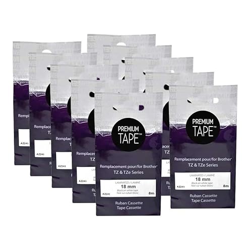 Premium Tape Label Tape - Replacement for Brother P-Touch TZ-241 Black on White Tape - 0,7'' x 26,6' (18mm x 8m) - Pack of 10