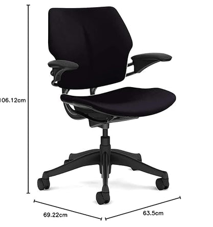 Humanscale Freedom Task Chair | Corde 4 Black Seat and Back | Graphite Frame | Height-Adjustable Duron Arms | Standard Foam Seat, Hard Carpet Casters, and 5 Cylinder