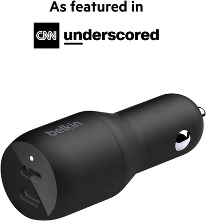 Belkin USB-C PD Car Charger 36W (Dual 18W USB-C Power Delivery Car Charger &amp; USB-C to USB-C Cable, USB Type-C Cable (3.3ft/1m, Black Dual USB-C Charger + Cable, 3.3ft/1m