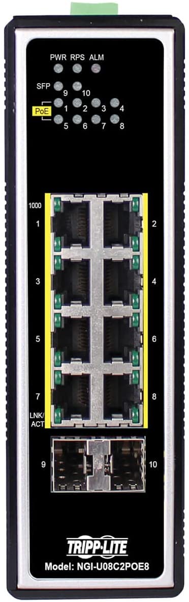 Tripp Lite Industrial 8 Port PoE+ Ethernet Switch 10/100/1000 Mbps -40° to 167°F Unmanaged TAA Compliant 30W 2 SFP DIN Mount (NGI-U08C2POE8)