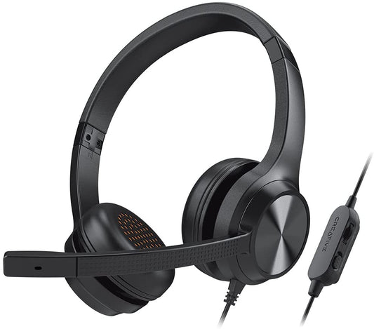 Creative Chat - 3.5 mm Stereo On-Ear Headset with Retractable Noise-Cancelling Condenser Mic, Mic Mute Switch, Volume Control Dial, for Work Calls on PC, Mac, and Mobile Devices