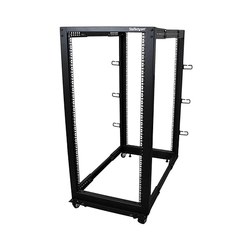 StarTech.com 4-Post 25U Mobile Open Frame Server Rack, 19in Network Rack with Wheels, Rolling Rack for Computer/AV/Data/IT Equipment - Casters, Leveling Feet or Floor Mounting (4POSTRACK25U) 25U Rack