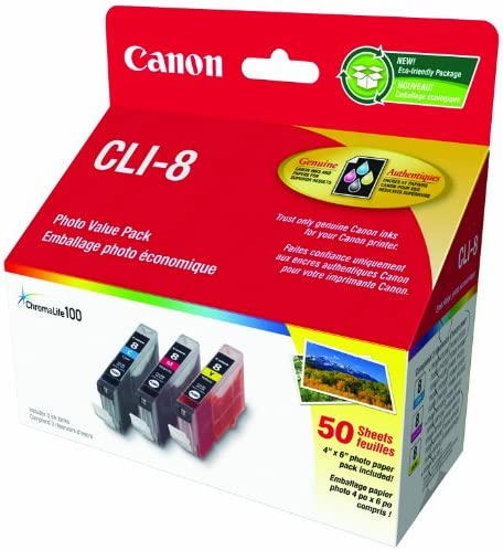 Genuine Canon CLI-8 Three Ink Tank Photo Value Pack, Cyan, Magenta, Yellow and 50 sheets Photo Paper (0621B014)