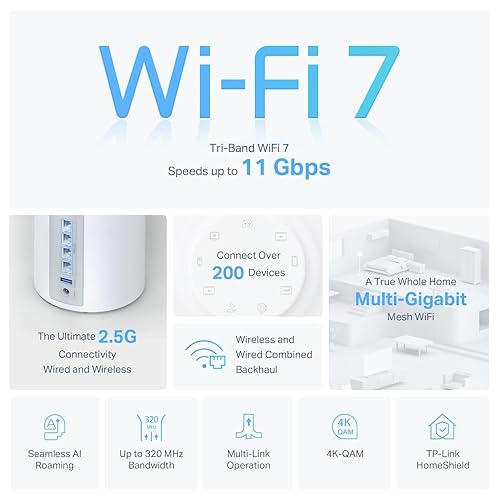 TP-Link Deco BE11000 Tri-Band WiFi 7 Mesh (Deco BE65) - 11 Gbps, 5200 Sq.Ft, 4× 2.5 G Ethernet, 6G Band, AI-Driven Band, HomeShield 3-Pack Wi-Fi 7 | BE11000, Tri-Band 3-Pack