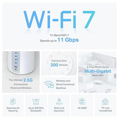 TP-Link Deco BE11000 Tri-Band WiFi 7 Mesh (Deco BE65) - 11 Gbps, 5200 Sq.Ft, 4× 2.5 G Ethernet, 6G Band, AI-Driven Band, HomeShield 3-Pack Wi-Fi 7 | BE11000, Tri-Band 3-Pack