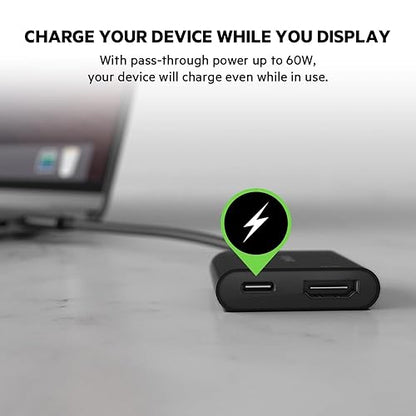 Belkin USB C to HDMI Adapter + USBC Charging Port to Charge While You Display, Supports 4K UHD Video, Passthrough Power up to 60W for Connected Devices, Compatible with MacBook, iPad, Windows Adapter USB-C to HDMI + Charging