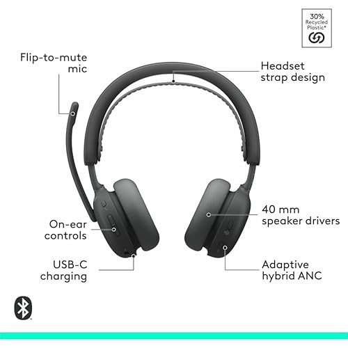 Logitech Zone Wireless 2 ES for Business - Noise-Canceling Wireless Headset with Adaptive Hybrid ANC, Native Bluetooth, Microsoft Teams Certified - Graphite