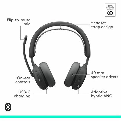 Logitech Zone Wireless 2 ES for Business - Noise-Canceling Wireless Headset with Adaptive Hybrid ANC, Native Bluetooth, Microsoft Teams Certified - Graphite