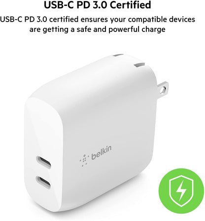 Belkin 40W USB-C PD Wall Charger, Dual USB-C Ports for 20W Per Port Fast Power Delivery Enabled Charging for iPhone 13, 13 Pro, 13 Pro Max, 12, 12 Pro, 12 Pro Max, Mini, iPad Pro, Galaxy, and More
