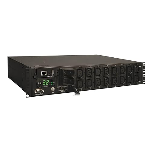 Tripp Lite Switched PDU, 7.4kW Single Phase, 230V, 16 Outlets (C13), IEC-309 32A Blue, 12ft. Cord, 2U Rack-Mount Power, TAA (PDUMH32HVNET) , Black 16 Outlets 32 Amps / 240 Volts