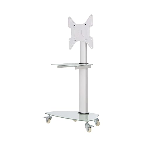 Tripp Lite Mobile Rolling TV Stand Cart with Mount for 32” – 55” Televisions, Elegant Frosted Glass Base and Shelf, Adjustable 50” – 62” Height, Durable White Steel, 5-Year Warranty (DMCS3255SG62W)