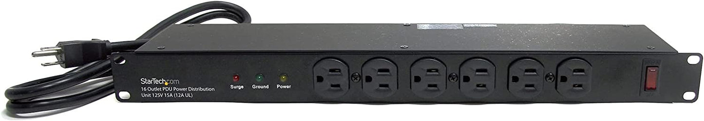 StarTech.com 16 Outlet Horizontal 1U Rack Mount PDU Power Strip for Network Server Racks - Surge Protection - 120V/15A - 6ft Power Cord (RKPW161915) 16 Outlets | 15A Power Strip