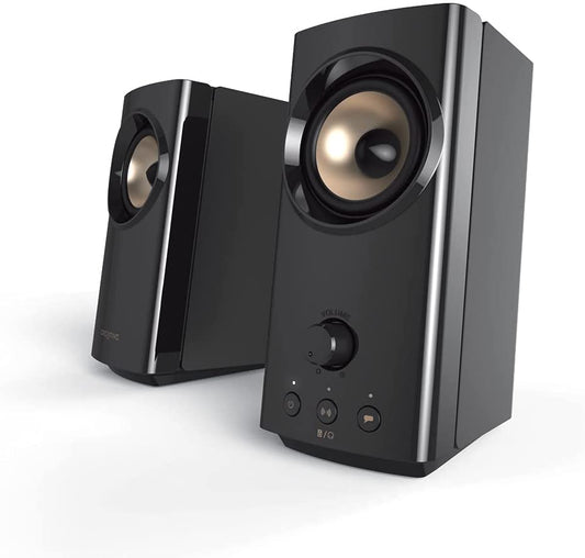 Creative T60 2.0 Compact Hi-Fi Desktop Speakers with Clear Dialog and Surround by Sound Blaster, USB-C Audio, Mic and Headset Ports, Bluetooth 5.0, Up to 60W Peak Power, for Computers and Laptops 2.0 System + Clear Dialog and Surround by Sound Blaster