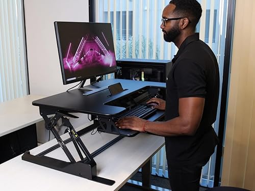 Monoprice Height-Adjustable Gas Spring Dual Handle Sit-Stand 36-inch Workstation Desk Converter with Keyboard Tray, High Strength Steel Frame, Waterproof Surface