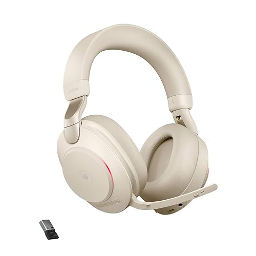 Jabra Evolve2 85 MS Wireless Headphones with Link380a, Stereo, Beige – Wireless Bluetooth Headset for Calls and Music, 37 Hours of Battery Life, Advanced Noise Cancelling Headphones