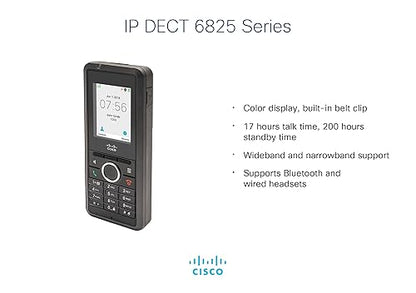 Cisco 6825 IP Phone - Cordless - Cordless - DECT, Bluetooth - Wall Mountable - 1 x Handset Included - VoIP - 1 x Network (RJ-45) - PoE Ports