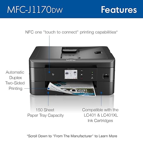 Brother MFC-J1170DW Wireless Colour Inkjet All-in-One Printer with Mobile Device Printing, NFC, and Cloud Printing & Scanning, for Home Office and Personal Use with Refresh Subscription Option