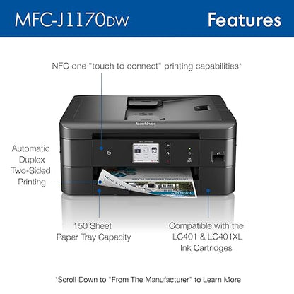 Brother MFC-J1170DW Wireless Colour Inkjet All-in-One Printer with Mobile Device Printing, NFC, and Cloud Printing & Scanning, for Home Office and Personal Use with Refresh Subscription Option