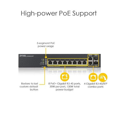 Zyxel 8-Port Gigabit Ethernet High Powered PoE+ 130W NebulaFlex Smart Managed Switch | 2X RJ-45/SFP Ports | 802.3at 802.3af | Metal | Limited Lifetime GS1920-8HPv2 8 Ports PoE+ Cloud Ready (130W)