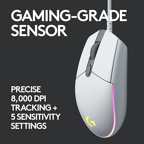 Logitech G203 Wired Gaming Mouse, 8,000 DPI, Rainbow Optical Effect LIGHTSYNC RGB, 6 Programmable Buttons, On-Board Memory, Screen Mapping, PC/Mac Computer and Laptop Compatible - White White Mouse