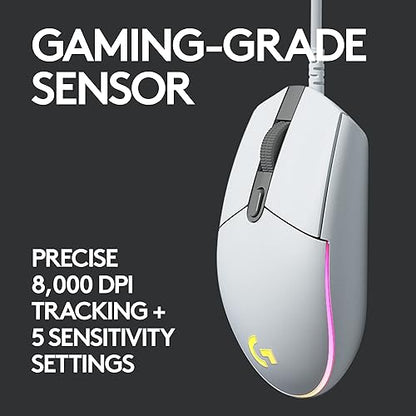 Logitech G203 Wired Gaming Mouse, 8,000 DPI, Rainbow Optical Effect LIGHTSYNC RGB, 6 Programmable Buttons, On-Board Memory, Screen Mapping, PC/Mac Computer and Laptop Compatible - White White Mouse