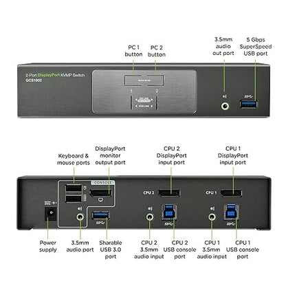 IOGEAR 2-Port 4K UHD DisplayPort KVMP Switch with USB 3.0 Hub, w/Full Set of Cables (GCS1902 TAA Compliant) 3840x2160 or 4K UHD 2-Port DisplayPort