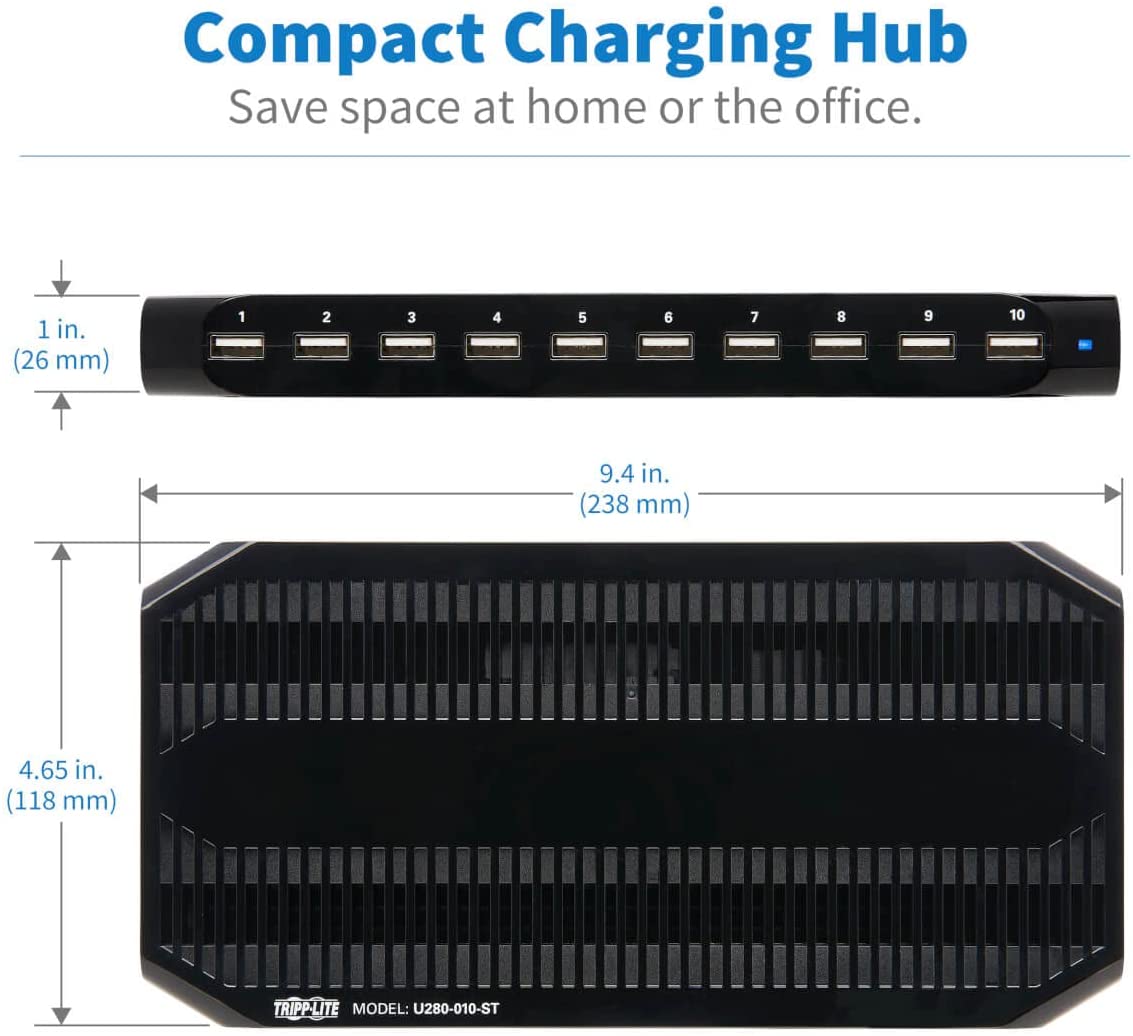 TRIPP LITE 10-Port USB Charging Station Dock with Storage Slots for Tablet iPhone iPad &amp; Laptops (U280-010-ST),Black