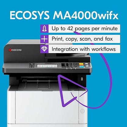 KYOCERA ECOSYS MA4000wifx Monochrome All-in-One Wireless Laser Printer (Print/Copy/Scan/Fax) up to 42ppm, Dual Scan Document Processor and Free OCR, Cloud & Mobile Utilities MFP, Wifi & HyPAS