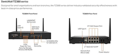 SonicWall TZ380W Next-Generation Firewall (03-SSC-1833) - 1.5 Gbps Throughput, 1 Gbps Threat Prevention, Secure SD-WAN | Zero-Touch Deployment Hardware Only Hardware Only